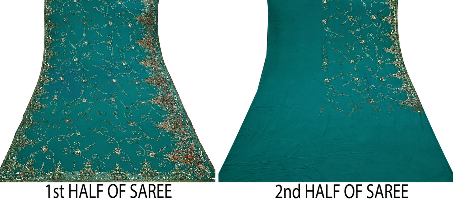 Indian Heavy Bridal Sarees Green Pure Georgette Silk Hand Embroidered Sari Fabric 5Yd Sewing Ethnic Zardozi/dabka zari Wedding sarees