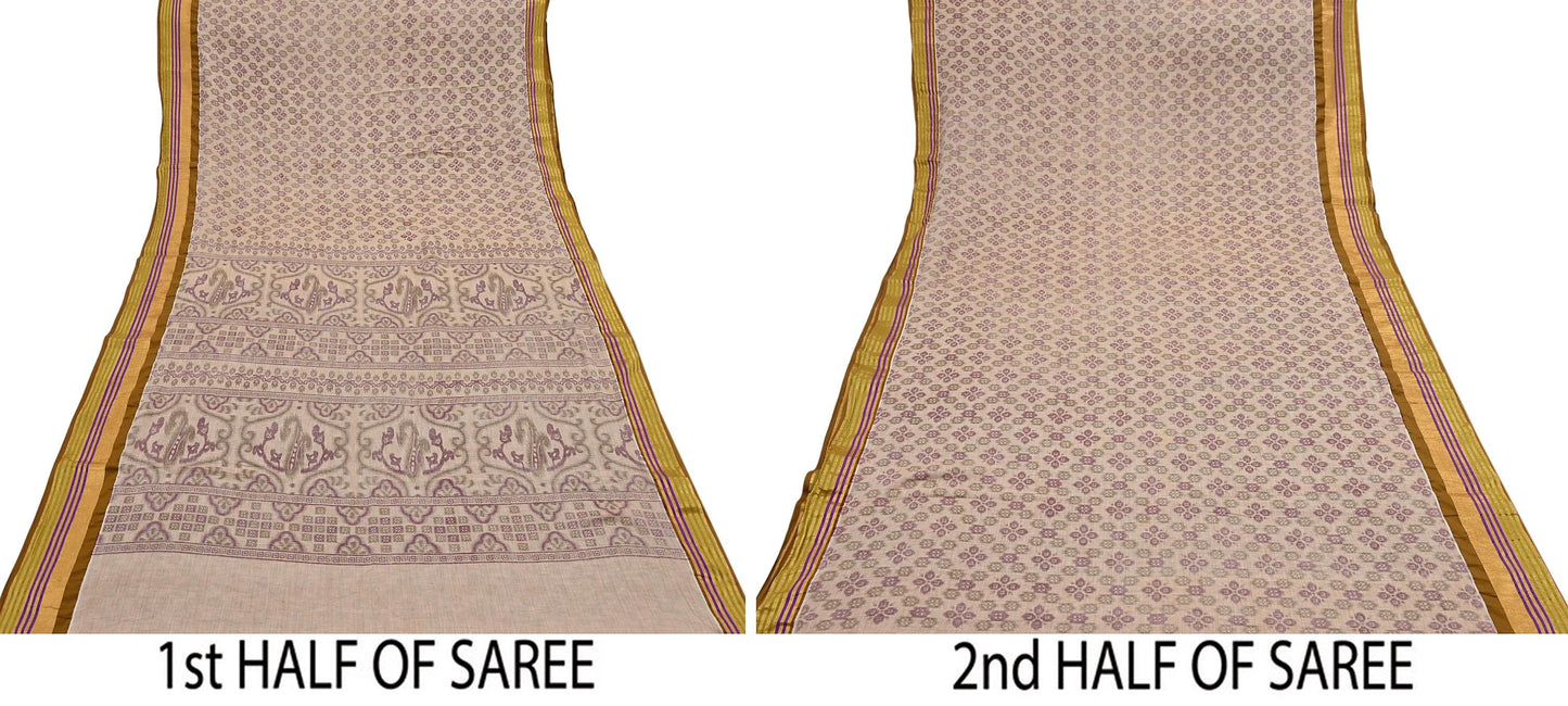 Indian Vintage Sari Beige Printed Pure Cotton Sarees Craft Fabric 5Yd Soft Sewing Sarong Wrap Boho Floral Quilting Dress making zari border