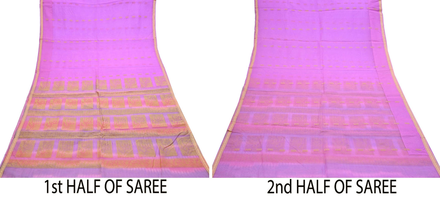 Indian Vintage Sari Purple & Pink Hand Woven 100% Pure Organza Silk Saree Craft Fabric 6Yd Dress Making Crafting Quilting Upcycle Zari