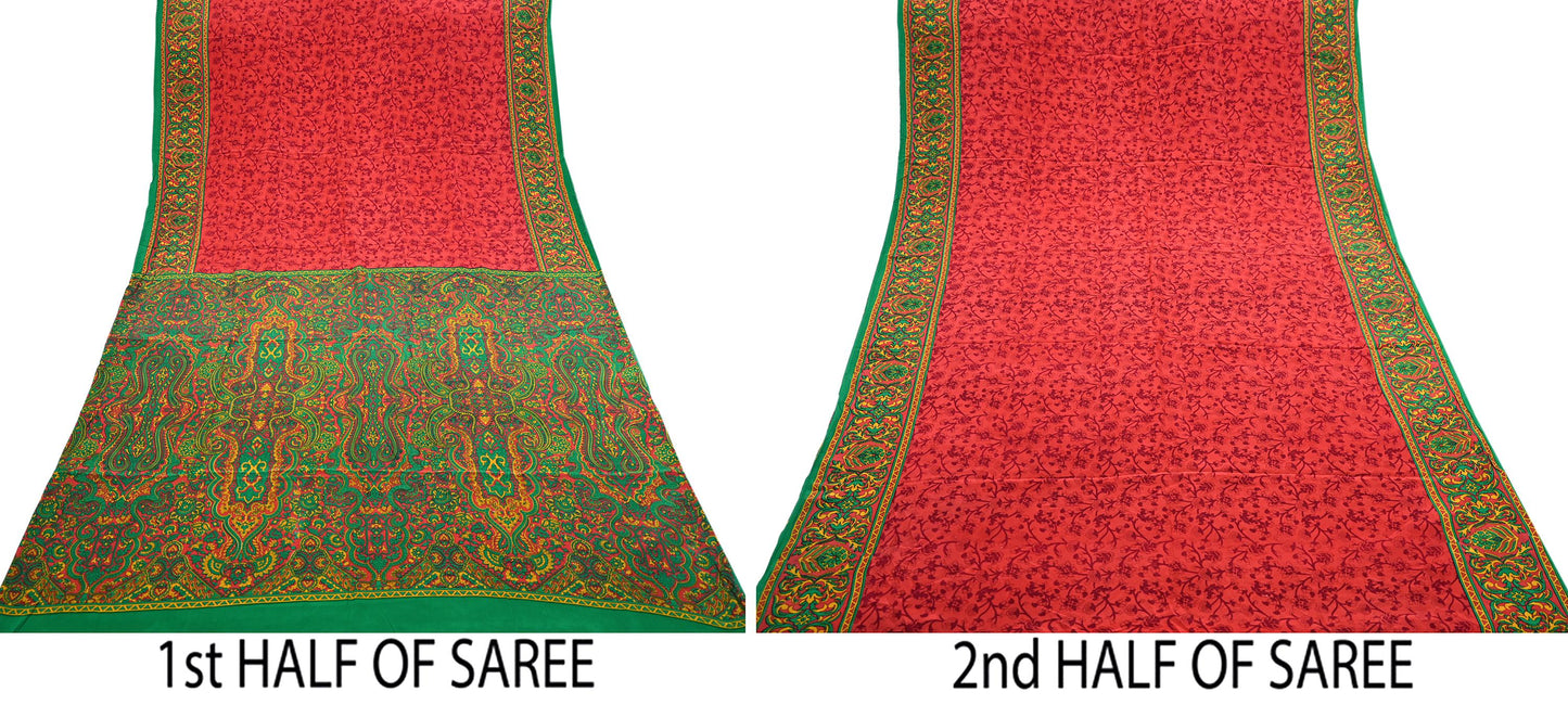 EXCELLENT QUALITY Indian Vintage Orange & Green Saree Pure Crepe Silk Printed Sari 6yd Sewing Floral Soft Craft Fabric Wrap Dress Making