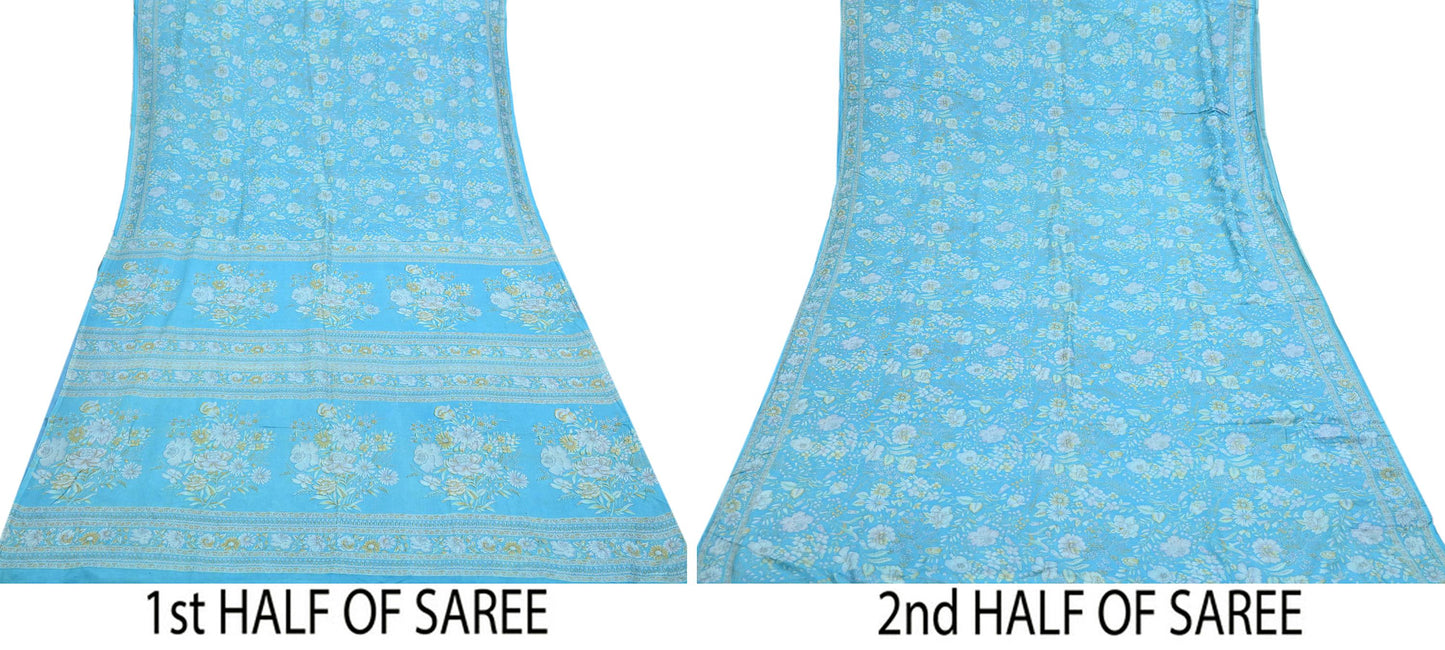 Indian Vintage Sari Blue 100% Pure Silk Printed Saree Craft Fabric 6yd Sewing Dress Making Soft Wrap Quilting Crafting Upcycle