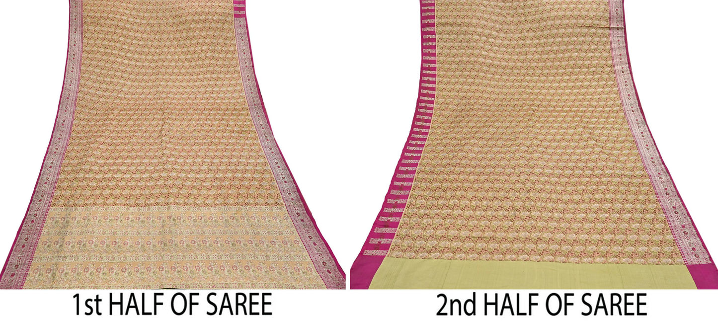 Indian Vintage Sari Beige Heavy Pure Silk Woven Banarasi Brocade Saree Fabric 5Yd Ethnic Dress making Crafting Bollywood Dress Designing