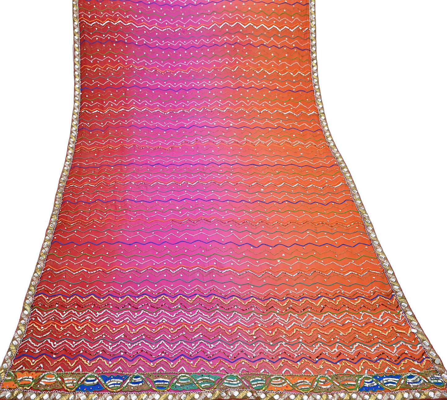 Indian Vintage Heavy Pink & orange Dupatta Pure Georgette Silk Long Stole Hand Embroidered Gota Patti Scarves Zardozi