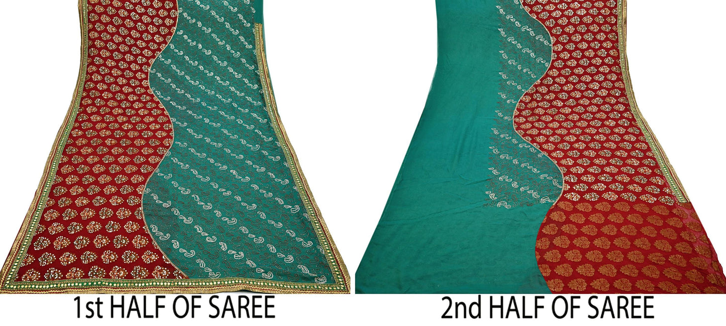 Indian Vintage Heavy Green & Red Saree Georgette Embroidered Sari Craft Fabric 5Yd Sewing Soft Ethnic Zari Dress Making wedding Sari