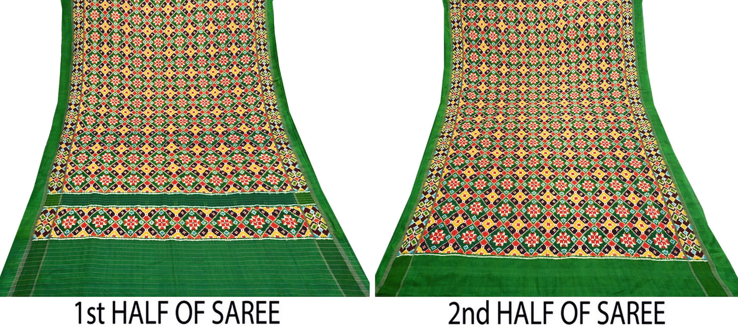 Indian Antique Vintage Green Sari Hand Woven Double Ikat Patan Patola Sarees 100% Pure Silk Craft Fabric 5Yd Dress Making Sewing For wearing