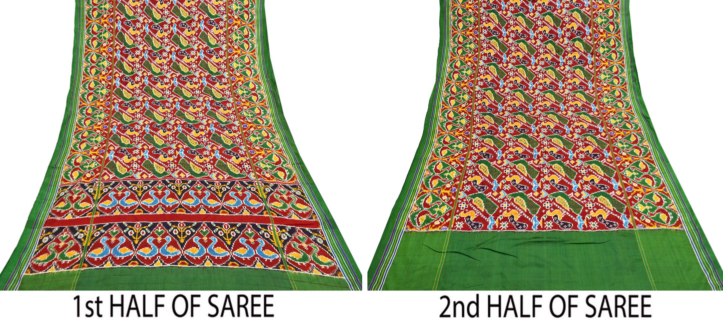 Antique Vintage Red & Green Sari Hand Woven Double Ikat Patan Patola Sarees 100% Pure Silk Craft Fabric 5Yd Dress Making Sewing For wearing
