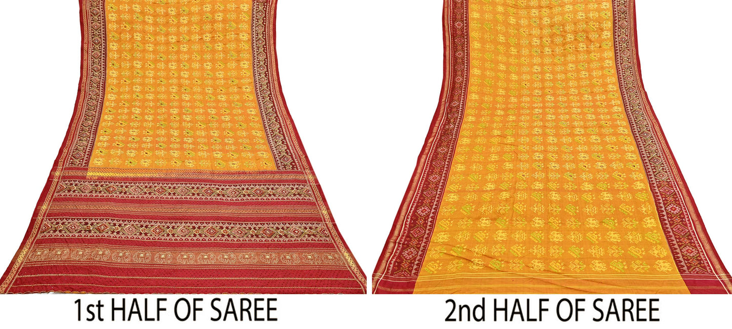 Indian Vintage Saffron & Red Pure Silk Saree Hand Embroidered Woven Ikat Patola Sari Fabric 5Yard Craft Ethnic Premium Saree Zari