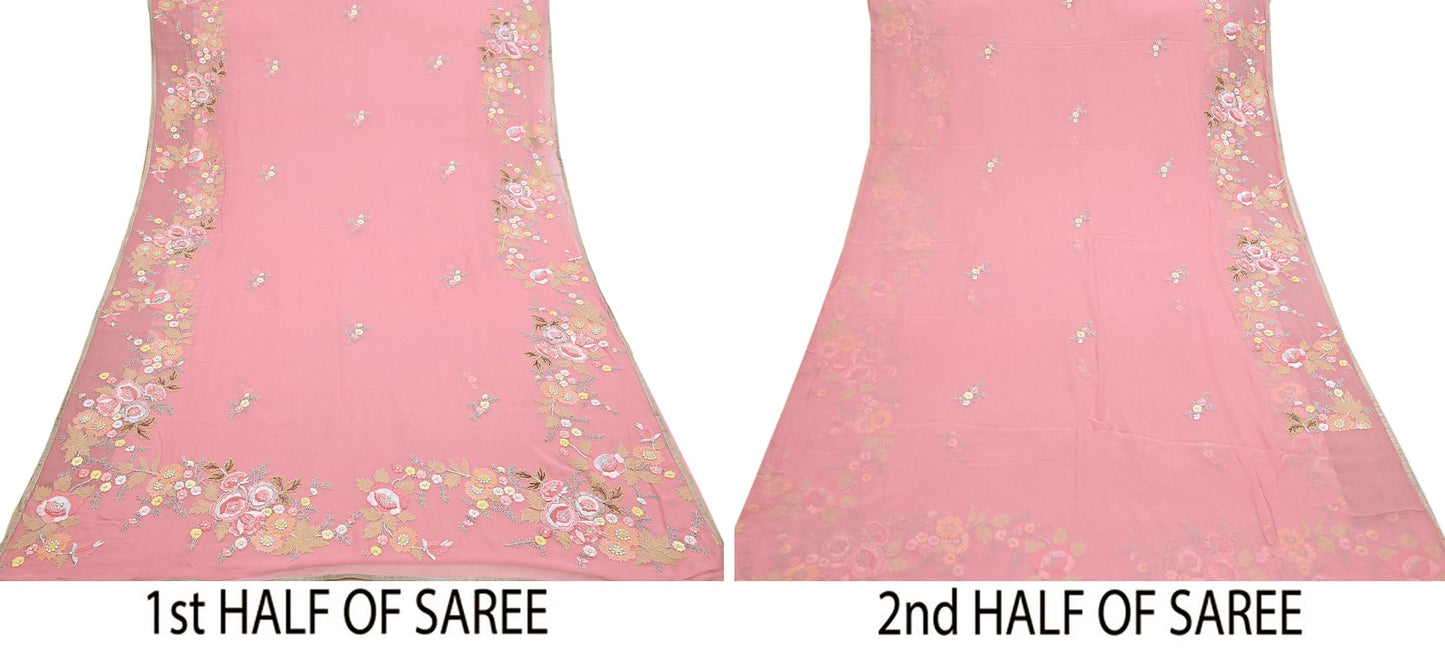 Indian Vintage Heavy Sari Peach Pure Georgette Silk Hand Embroidered Parsi Chain Stitched Sarees Craft Fabric 5Yd Dress making