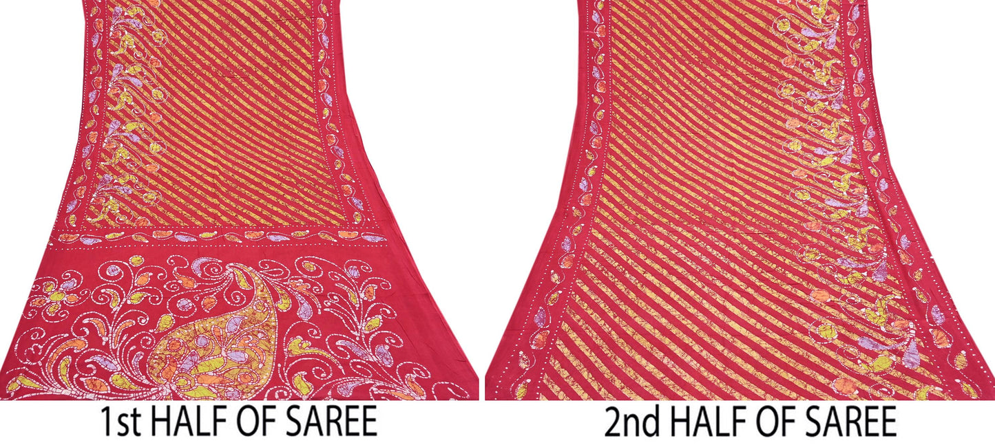 Indian Vintage Sari Red Batik Printed Saree 100% Pure Cotton 5Yd Craft Fabric Soft Sewing Sarong Wrap Boho Quilting Dress Making