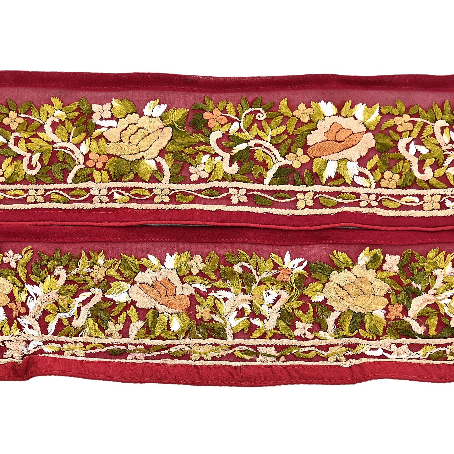Indian Antique Vintage Real Parsi Gara Border Red Hand Embroidered Craft Trim Lace Sewing Saree Ribbon Recycled 1yard Pure Georgette Silk