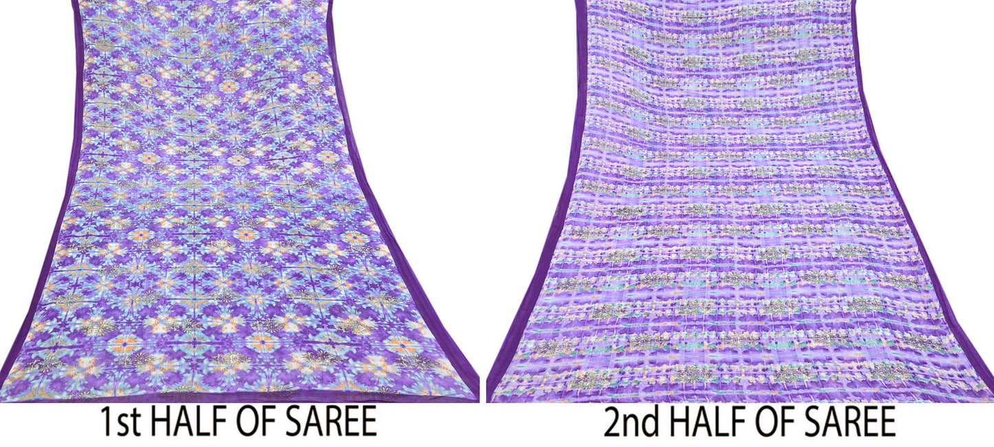 Indian Vintage Sari Purple & Green Pure Cotton Printed Saree 5Yd Craft Fabric Sewing Sarong Wrap Boho Floral Quilting crafting dressmaking