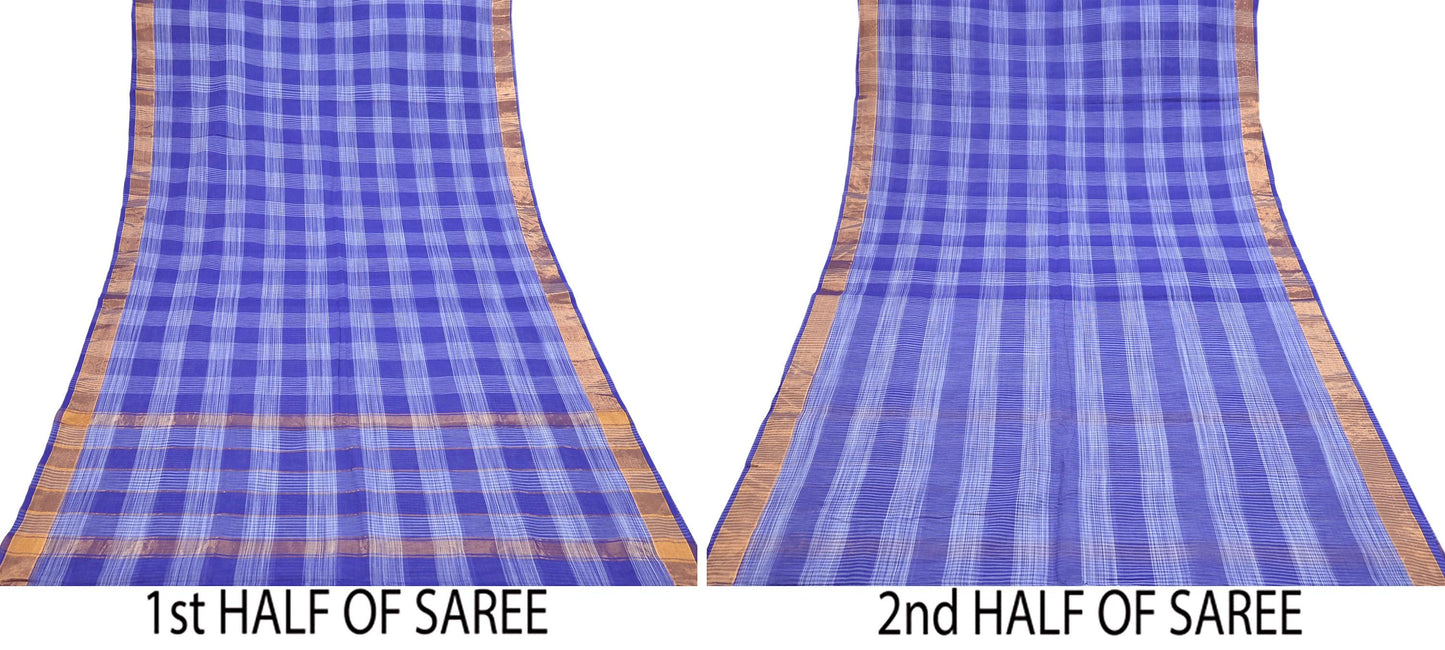 Indian Vintage Sari Blue Pure Cotton Hand Woven Sarees 6yd Craft Fabric Ethnic Soft Sewing Zari Dress making Quitting Crafting Upcycle