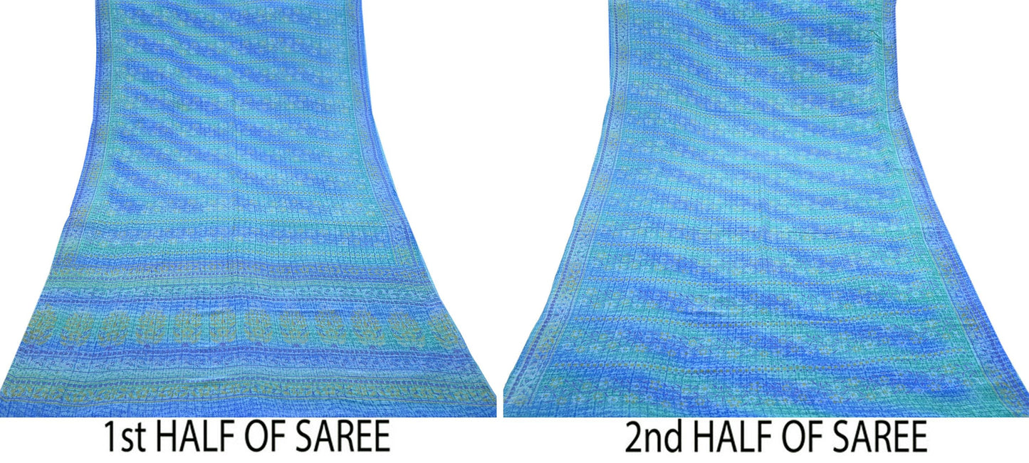 Indian Vintage Sari Green & Blue Pure Crepe Silk Printed Sarees 5yd Sewing Soft Craft Fabric Wrap Dress Making Crafting Quilting Upcycle