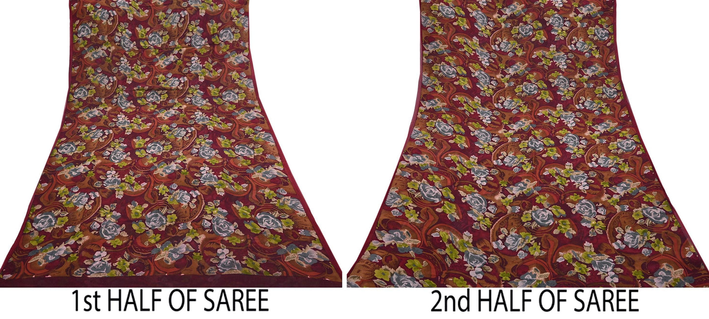 Indian Vintage Sari Maroon Pure Georgette Silk Printed Sarees 5Yd Craft Fabric Sewing Soft Light Dress Making/ Designing Quilting Crafting