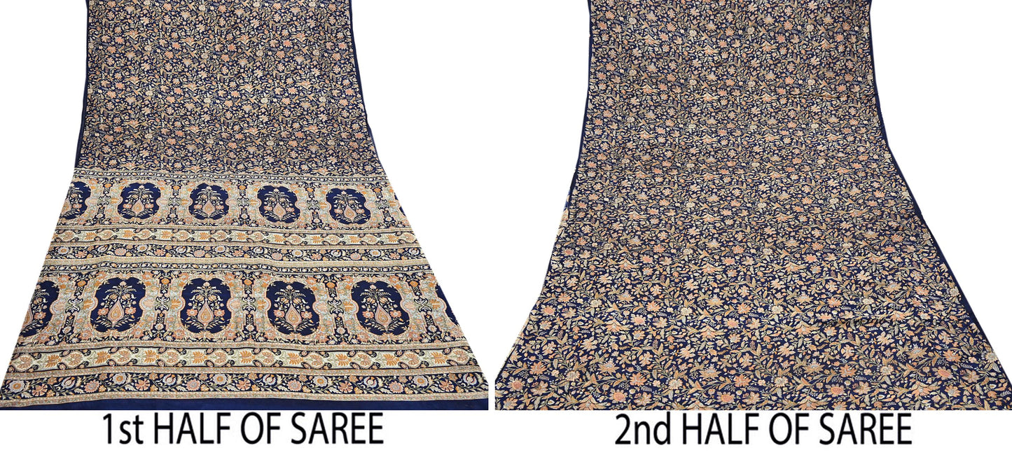 Indian Vintage Sari Blue 100% Pure Silk Printed Saree Craft Fabric 6yd Sewing Dress Making Soft Wrap Quilting Crafting Upcycle