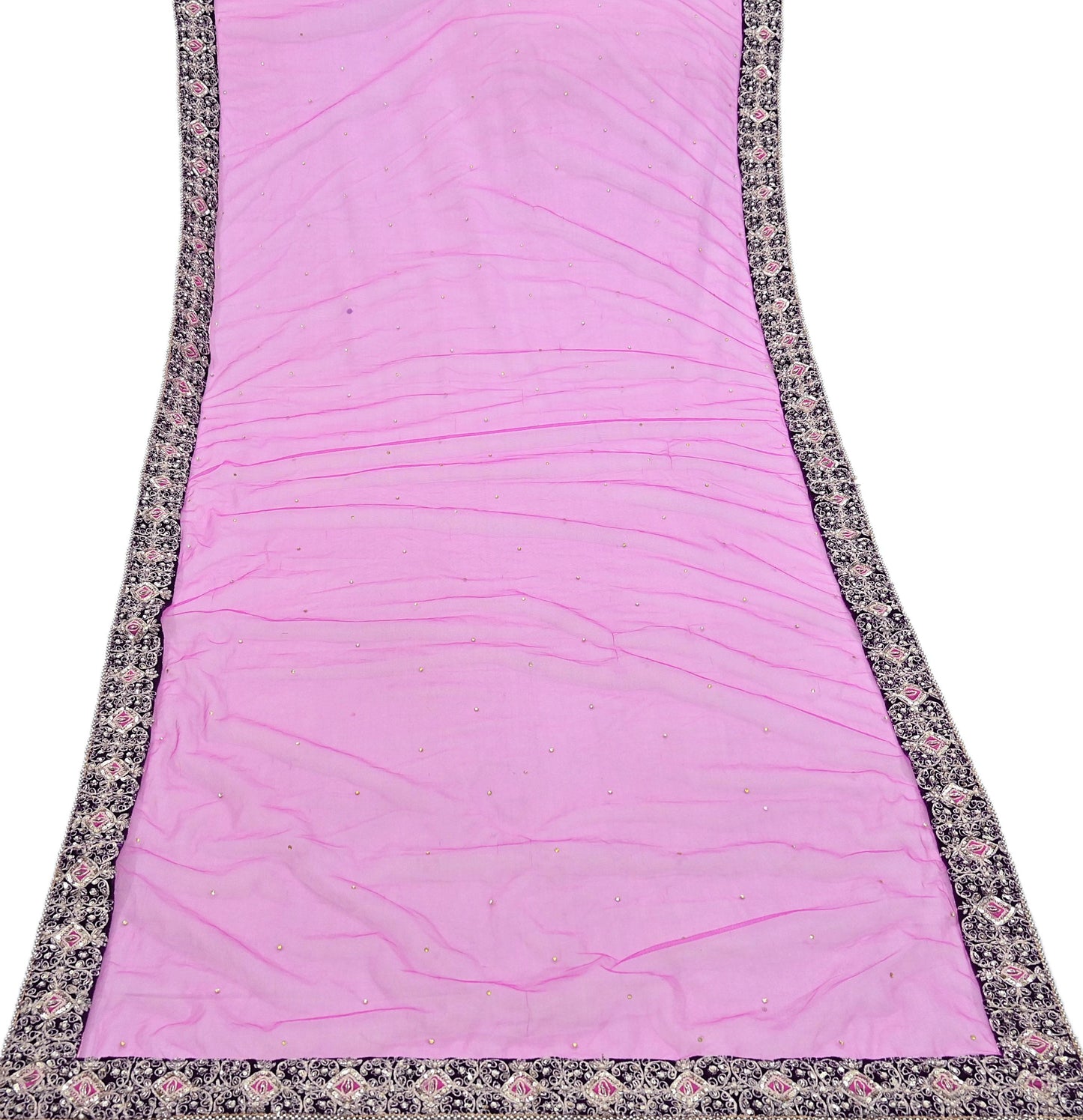 Indian Vintage Heavy Wedding Pink Net/Mesh Hand Embroidered Dupatta Designer By Anamika Khanna Bridal Wear Dabka Zardozi Veil Hijab