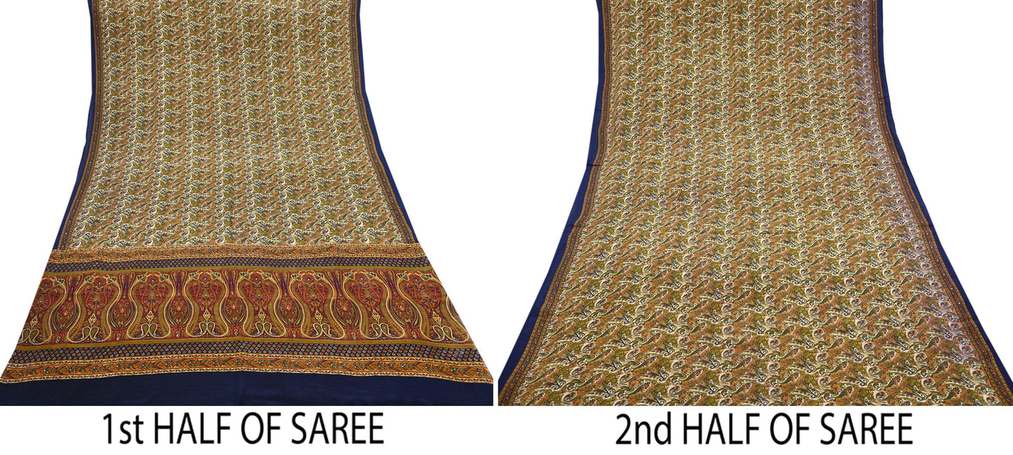 Indian Vintage blue & Beige Pure Crepe Silk Saree Paisley Print 6Yards Soft Sewing Fabric for Dressmaking, Quilting, Crafting Upcycling