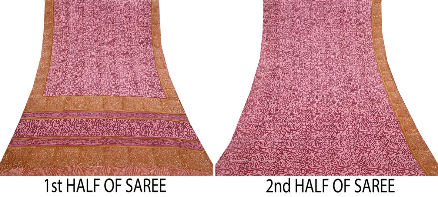 Indian Vintage Sari Pink & Red Pure Crepe Silk Printed Saree 5yard Sewing Soft Craft Fabric Wrap