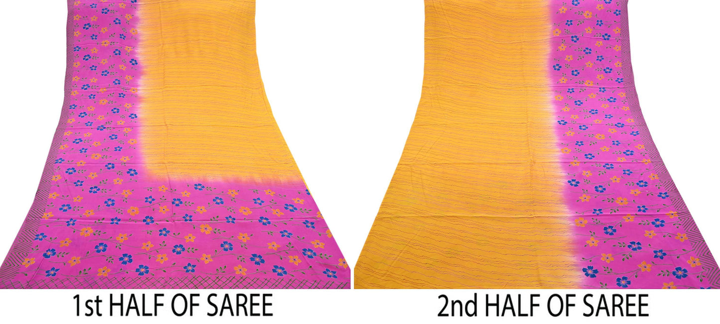 Indian Vintage Pink & Yellow Pure Crepe Silk Saree Floral Print 5 Yards Soft Sewing Fabric for Dressmaking, Quilting, Crafting Upcycling