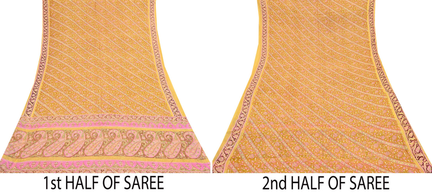 Indian Vintage Sari Yellow Pure Silk Printed Saree 6yd Sewing Craft Fabric DressMaking Soft