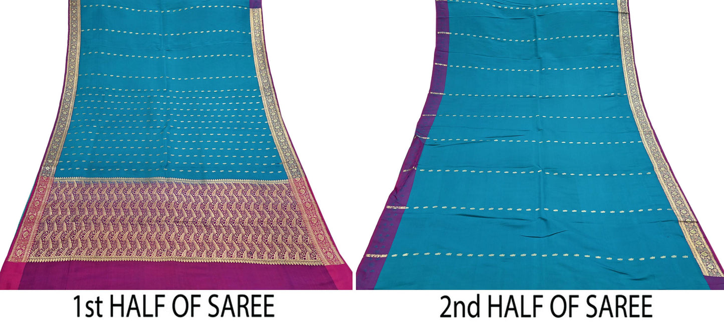 Vintage Sari Purple & Green Heavy Pure Satin Silk Woven Banarasi Brocade Saree Golden Zari 5Yd Dress making Bridal/wedding Sari Crafting