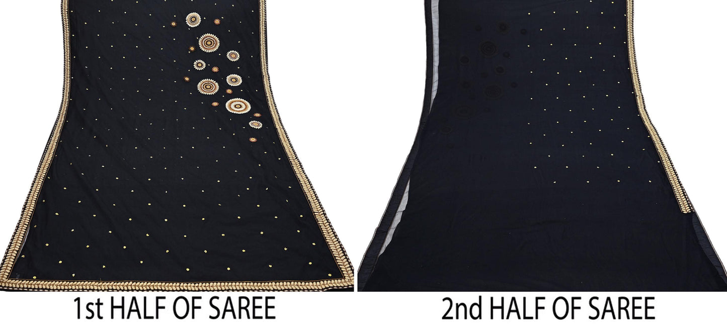 Indian Pre-owned Saree Black Pure Georgette Silk & Net Hand Embroidered Sabyasachi Designer Sari 6Yd Soft Ethnic Bollywood Party saree