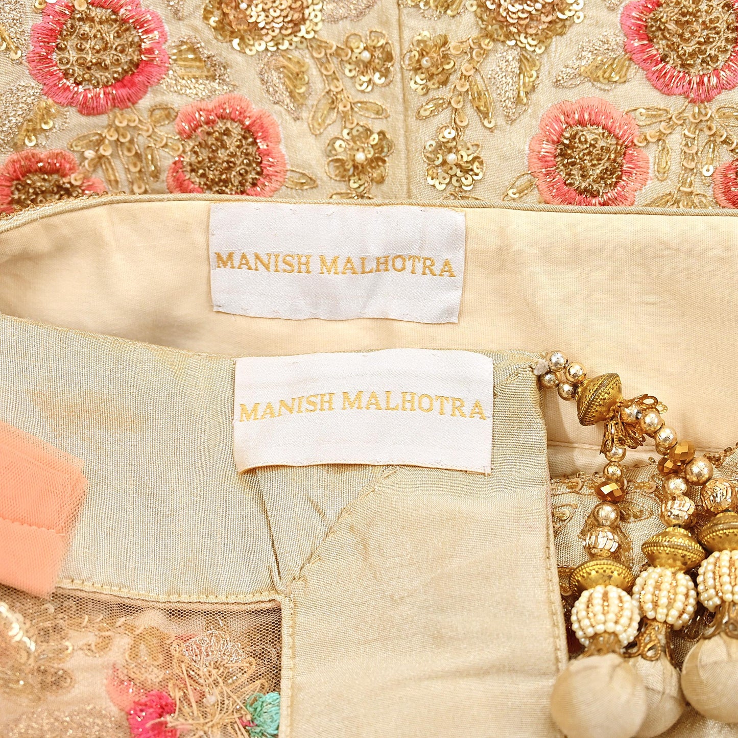 Pre-Owned Abu Jani Beige & Peach Raw Silk Bridal Lehenga 3pc Set, Hand Embroidered Couture Outfit, Designer Wedding Lehenga with Dupatta