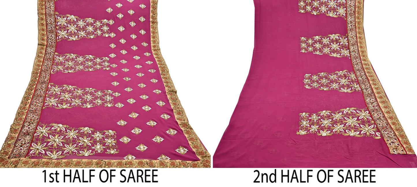 Indian Pre-owned Sari Pink Pure Georgette Silk Hand Embroidered Anamika Khanna Designer Sarees Ethnic 6Yd Sewing Wedding Sarees