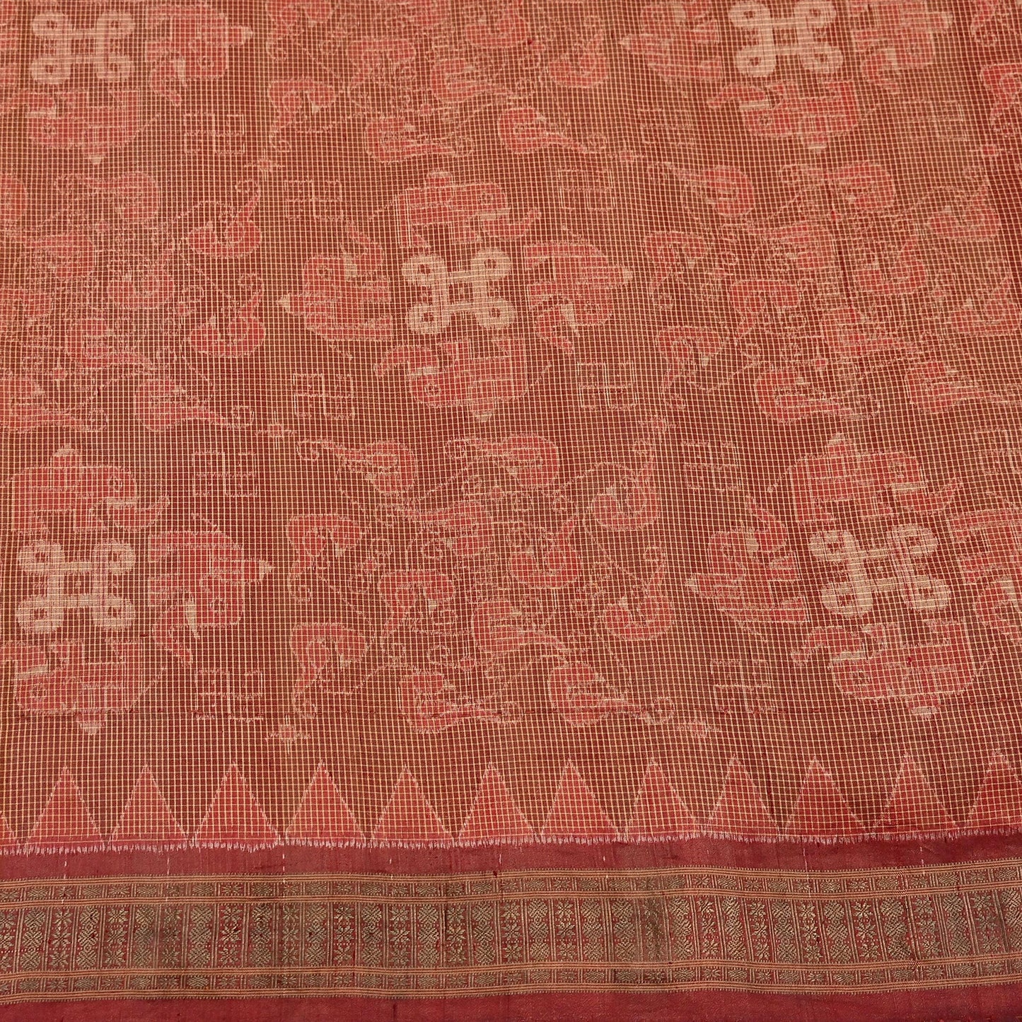 Indian Vintage Maroon Single Ikat Sambalpuri Patola Saree 100% Pure Silk Handwoven 5 Yards Zari Border Craft Fabric