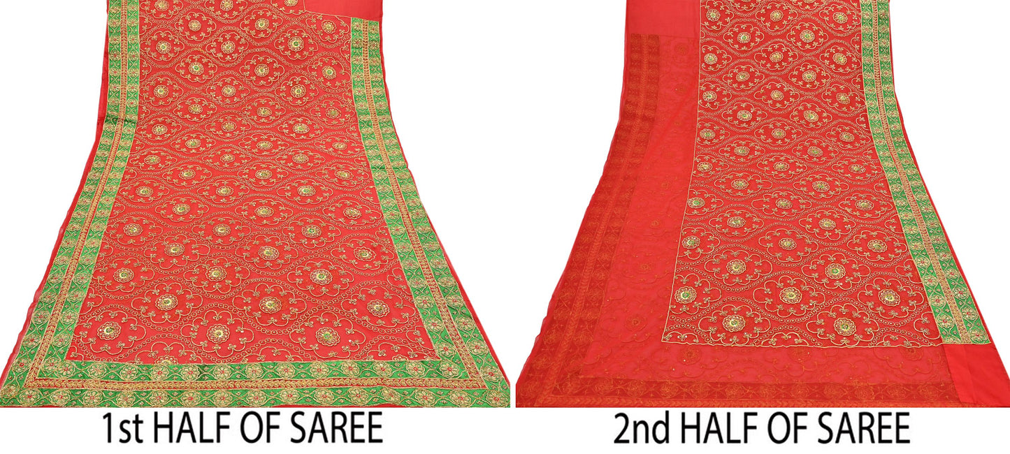 Antique Vintage Red Georgette Saree Hand Beaded Heavy Zari Ethnic Wedding Sari 5Yd Craft Fabric Dress Making Sewing