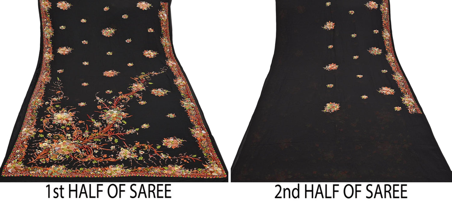 Indian Vintage Heavy Sari Black Pure Georgette Silk Hand Embroidered Parsi Gara Sarees Craft Fabric 5Yd Sewing Dress making Wedding sari
