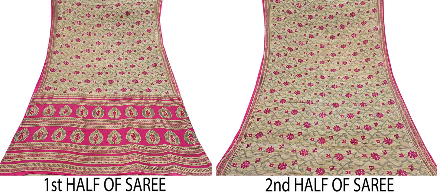 Indian Vintage Sari Pink & Beige Printed 100% Pure Cotton Sarees Craft Fabric 5Yd Soft Sewing Sarong Wrap Floral Boho Quilting Crafting Used