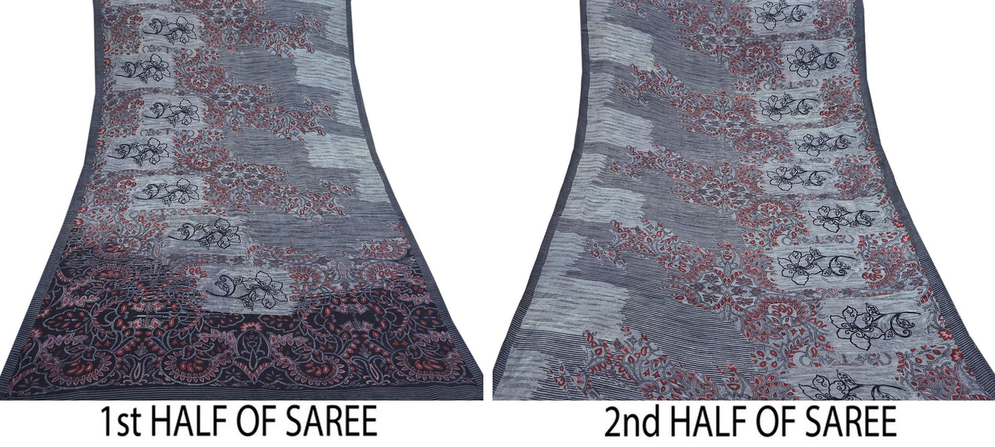 Indian Vintage Gray & Black Saree Pure Crepe Silk Printed Sari Craft Fabric 6yd Sewing Soft Wrap Dress making Crafting Quilting