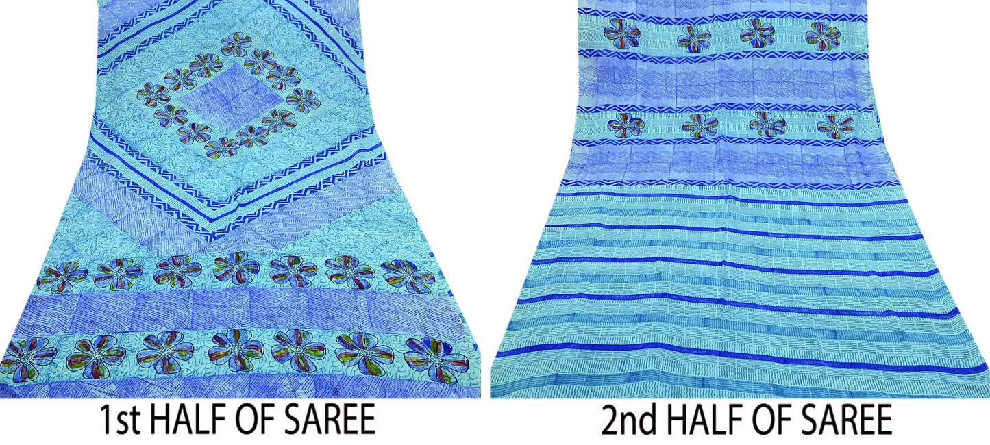 Indian Vintage Sari Green & Blue Pure Crepe Silk Printed Sarees 6yd Sewing Soft Craft Fabric Wrap Dress Making Crafting Quilting Upcycle