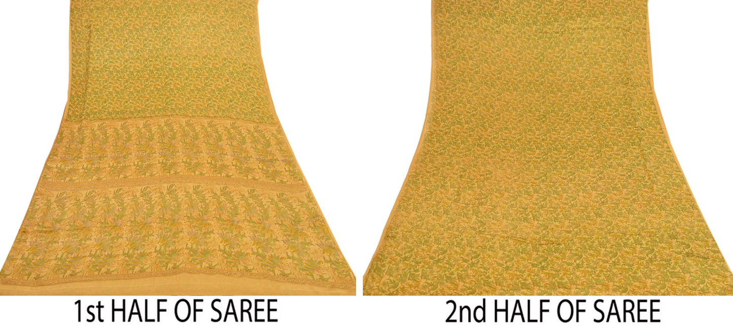 Indian Vintage Sari Mustard Pure Silk Printed Saree Fabric 5yard Sewing Craft Fabric DressMaking Soft Wrap
