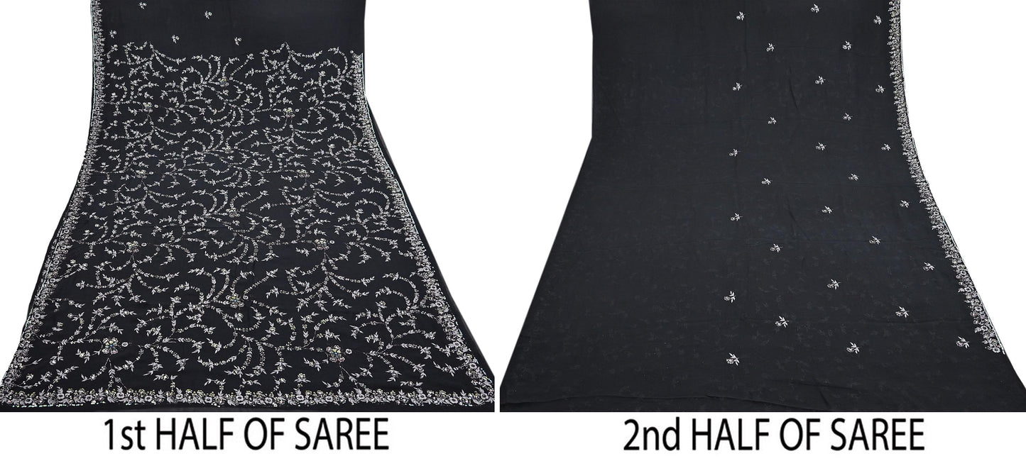 Indian Vintage Heavy Sari Black Pure Georgette Silk Hand Beaded Sarees Craft Fabric 5Yd Sewing Soft Ethnic Wedding Dress making