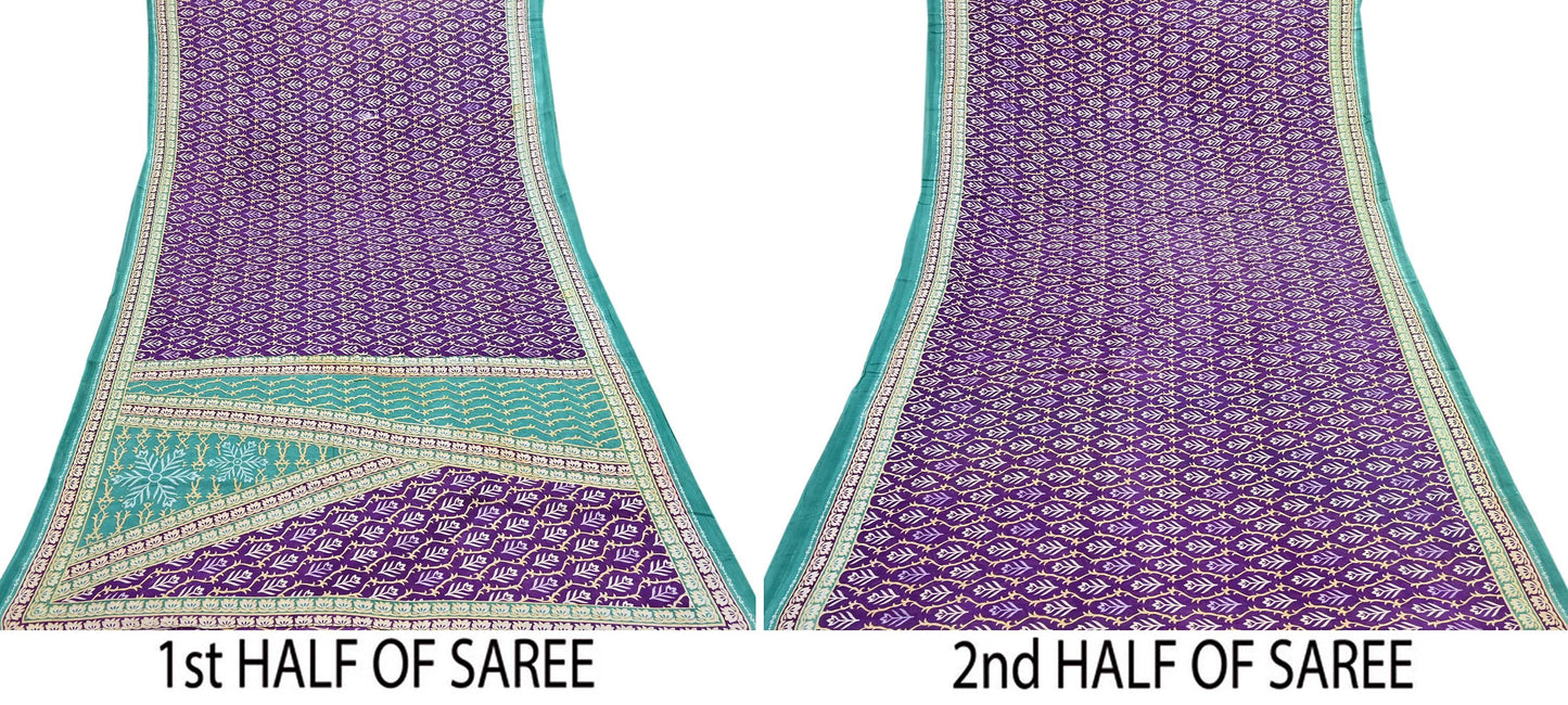 Indian Vintage Sari Purple Pure Cotton Printed Saree 5Yd Craft Fabric Sewing Sarong Wrap Boho Floral Quilting crafting dressmaking