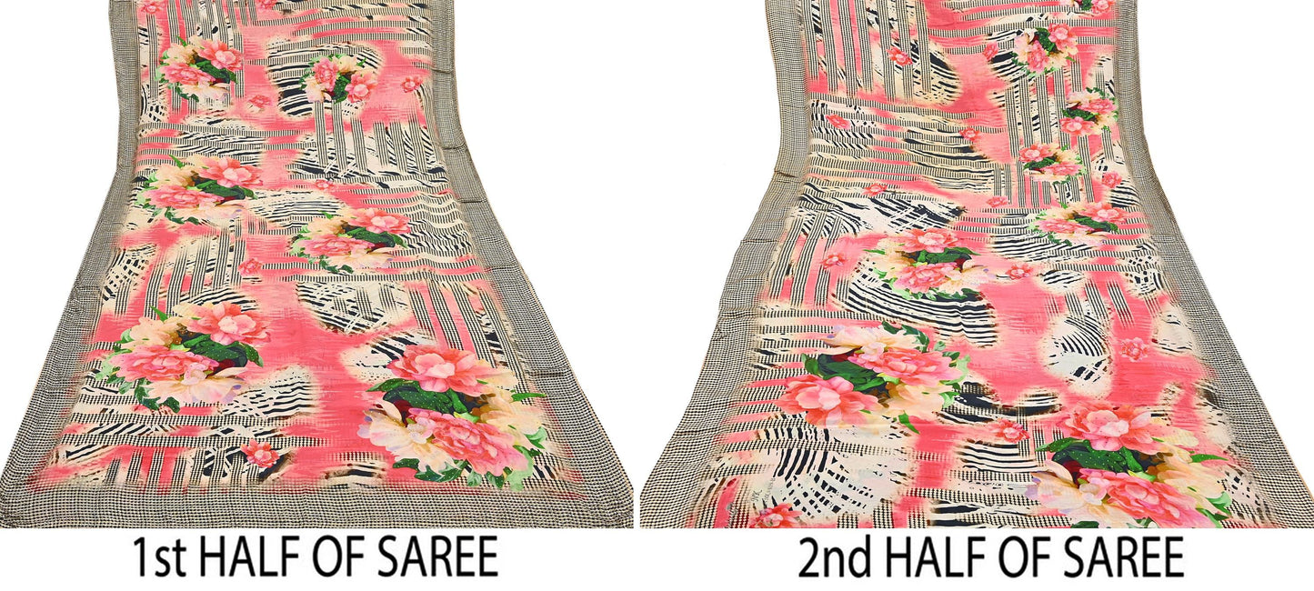 Indian Vintage Saree Pure Satin Silk Digital hand beaded Printed Sari 5yd Sewing Soft Craft Fabric Dress Making Crafting