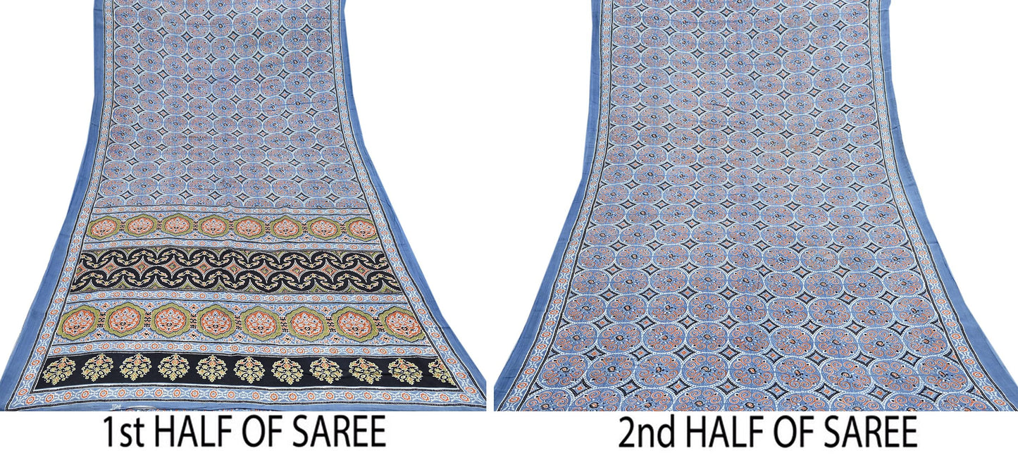 Indian Vintage Sari Blue & Black pure cotton Ajrakh Print Saree 6Yd Fabric Floral Soft Ethnic Upcycle Crafting Dress making
