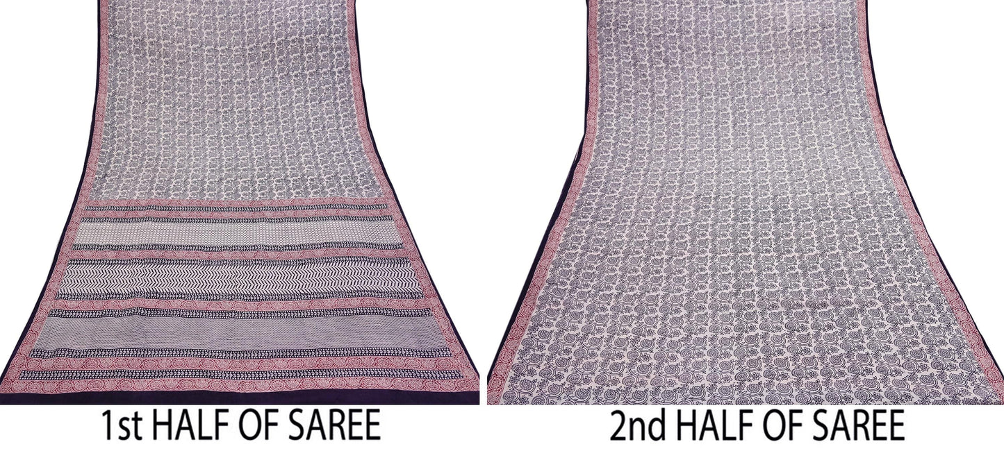 Indian Vintage Sari Cream & Black Pure Chanderi Cotton Hand Block Printed Sarees 5Yd Craft Fabric Soft Sewing Sarong Dress Making Quilting