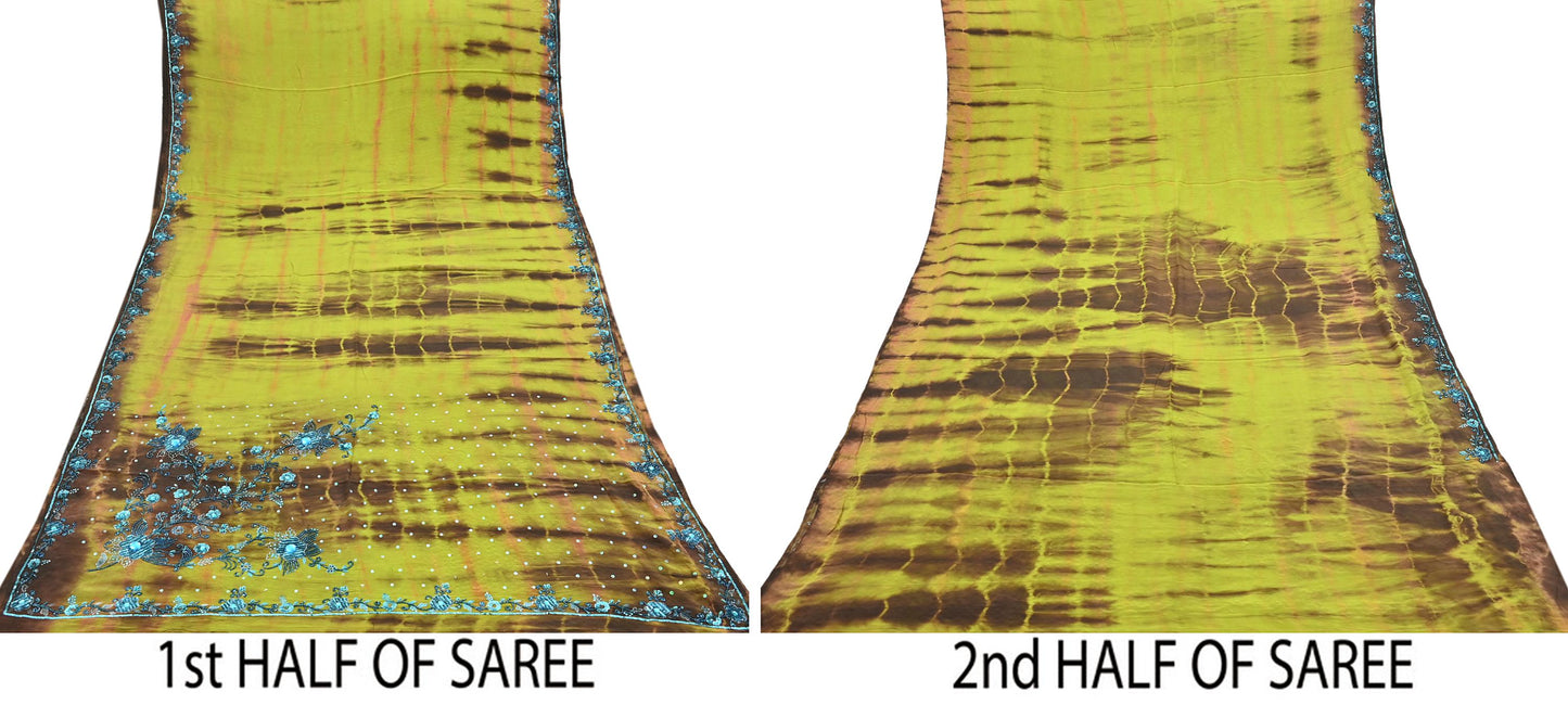 Indian Vintage Brown & Green Saree Pure Crepe Silk Hand Embroidered Tie-Dye Sari Fabric 5yard Sewing Craft Fabric Ethnic zari