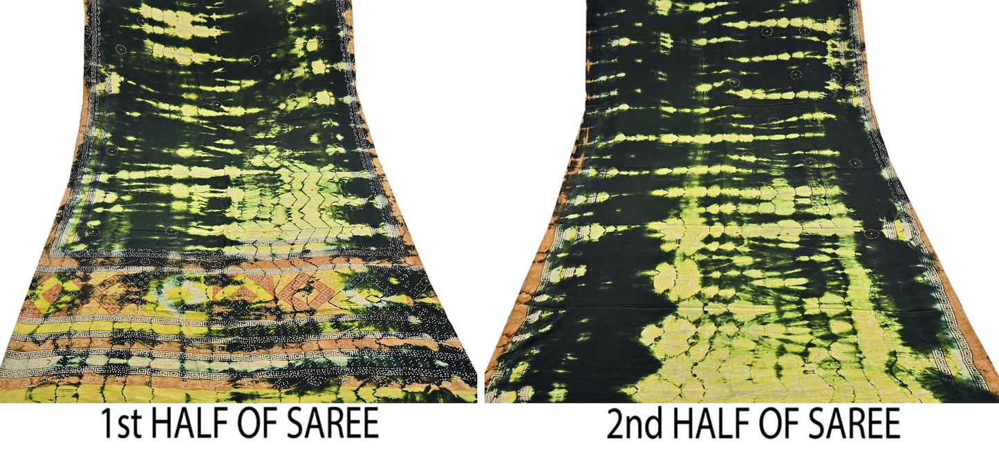 Indian Vintage Black & Yellow Saree Pure Crepe Silk Hand Embroidered Tie-Dye Sari Fabric 5yard Sewing Craft Fabric Ethnic zari