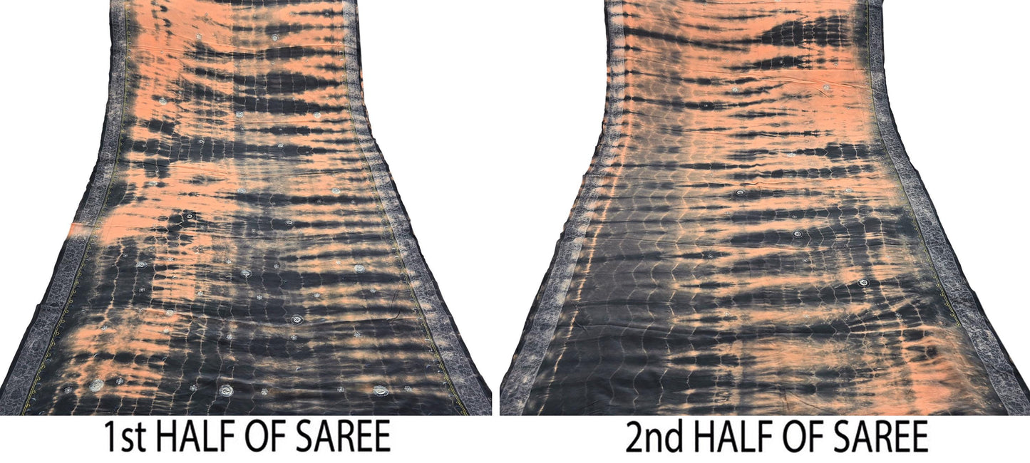Indian Vintage Saree Peach & Black Pure Crepe Silk Hand Embroidered Tie-Dye Sari Fabric 5yard Sewing Craft Fabric Dressmaking Crafting Zari