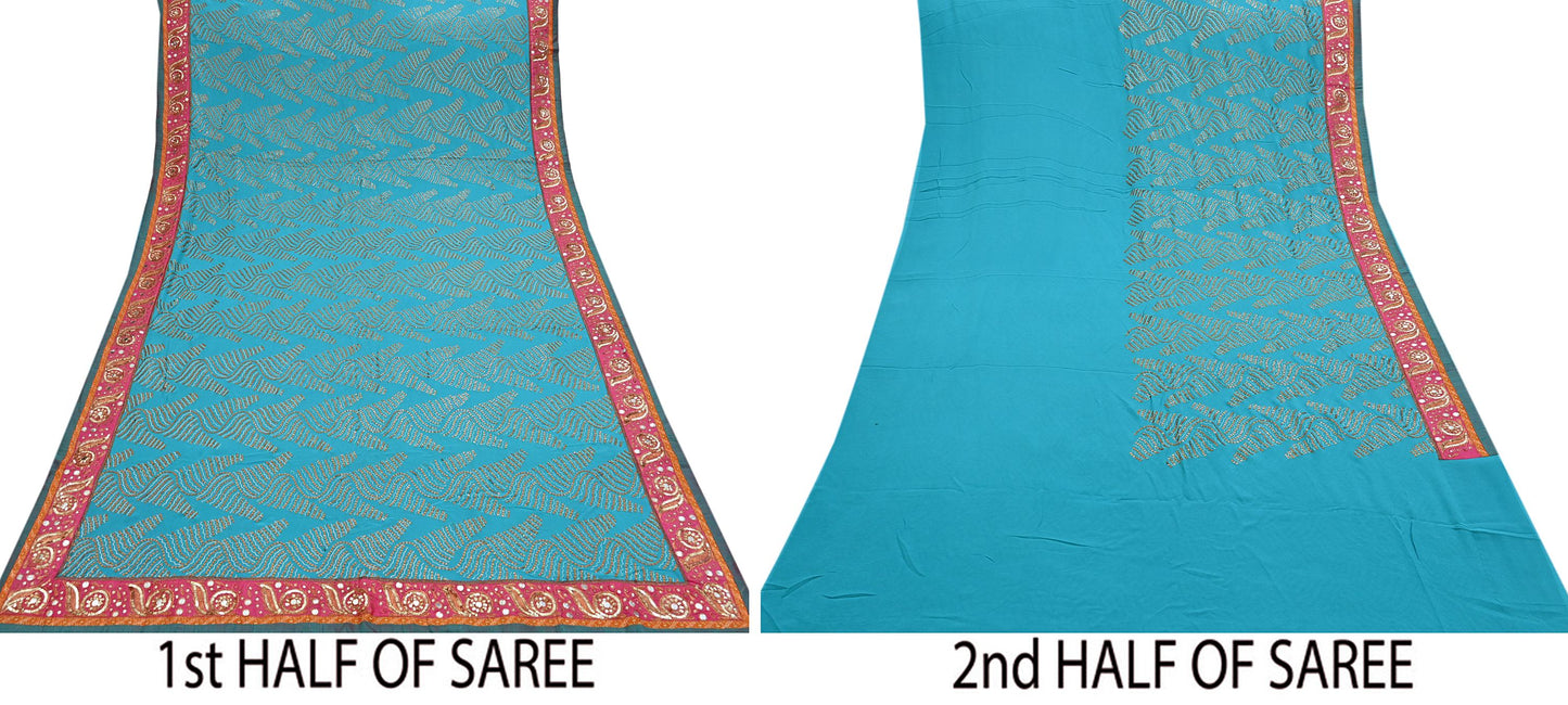 Indian Vintage Heavy Sari Blue Pure Georgette Silk Hand Embroidered Sarees Craft Fabric 6Yd Sewing Ethnic Bollywood saree Dress making