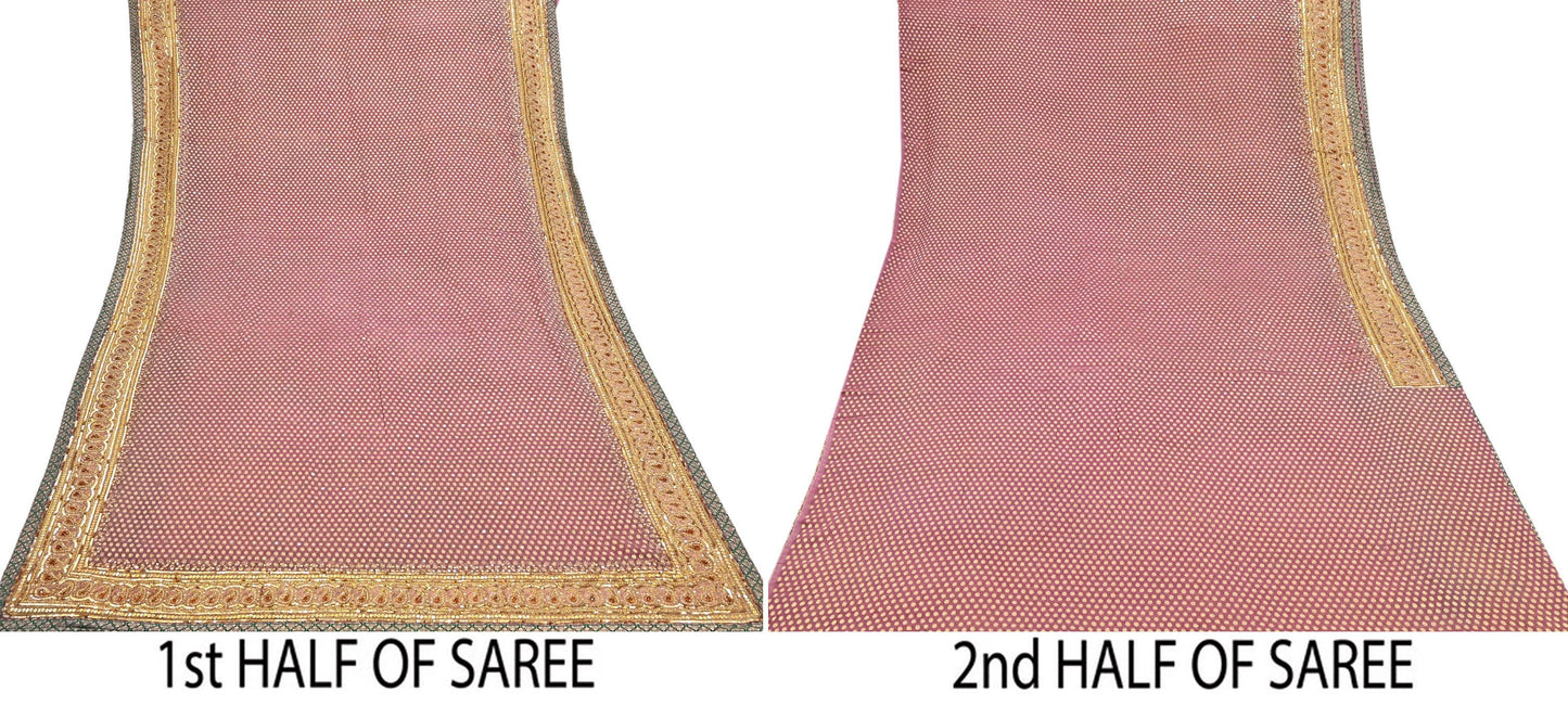 Indian Vintage Heavy Pink Saree Blend Georgette Hand Embroidered Sari Craft Fabric 6Yd Sewing Soft Ethnic Zari Dress Making wedding Sari