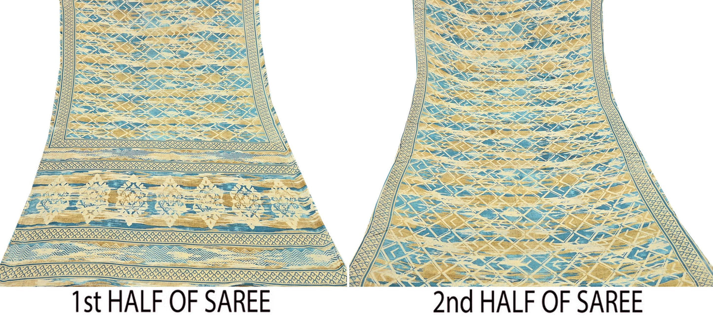 Indian Vintage Sari Green & Ivory Printed Pure Cotton Sarees 5Yd Craft Fabric Soft Sewing Sarong Wrap Boho Upcycle quilting Dress making