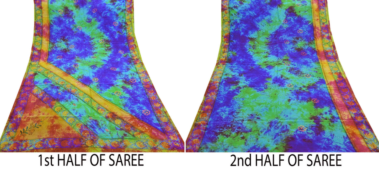 Indian Vintage Saree Multi Pure Crepe Silk Hand Embroidered Tie-Dye Sari Fabric 5yard Sewing Craft Fabric Ethnic Dressmaking