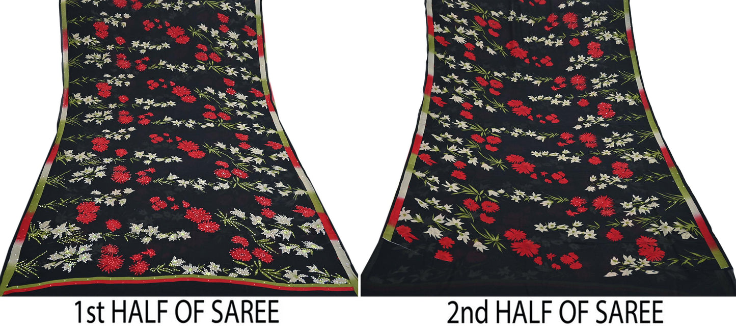 Indian Vintage Sari Black Pure Georgette Silk Printed Saree Craft Fabric Sewing 6Yd Soft Light Dress Making Crafting Quilting Upcycle