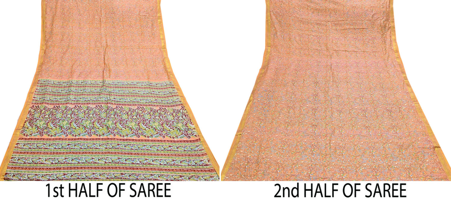 Indian Vintage Sari Printed Pure Silk Sarees 5yd Sewing Craft Fabric Soft Dress Making Upcycle Crafting Quilting Used Zari