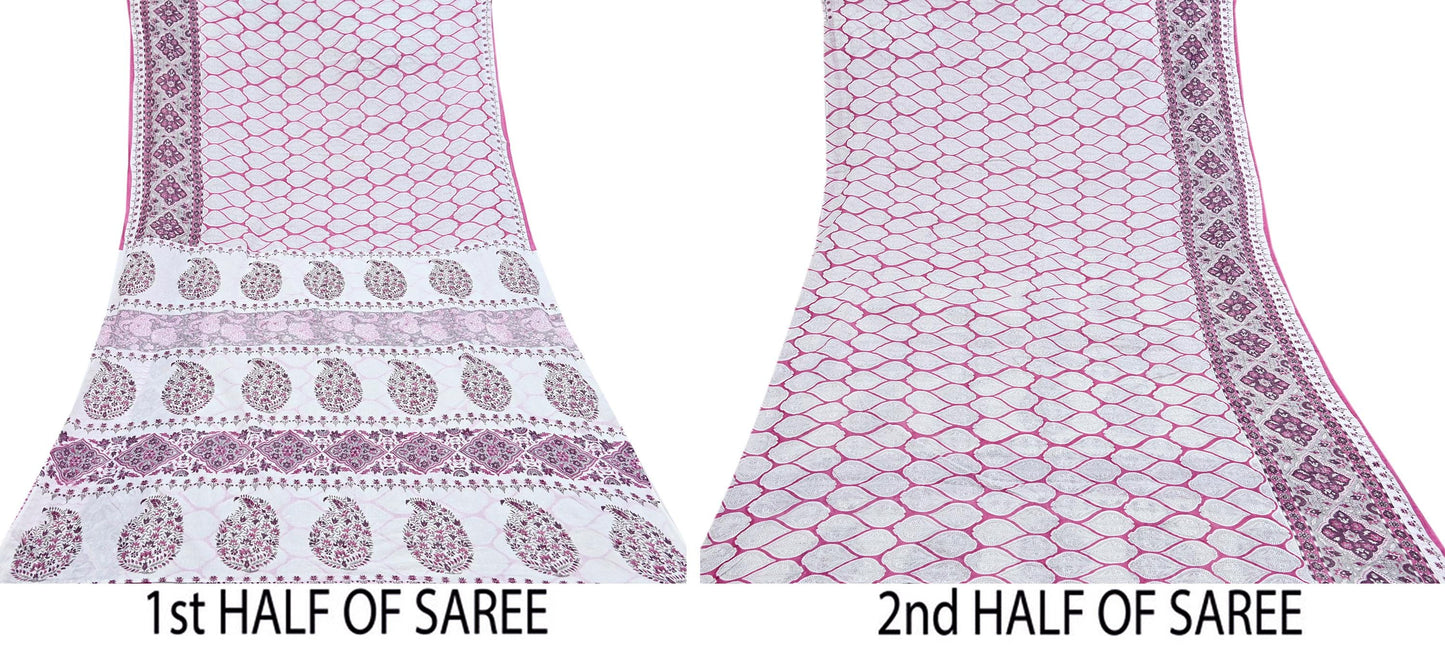 Indian Vintage Sari White & Pink Printed Pure Cotton Sarees Craft Fabric 5Yd Sewing Sarong Wrap Boho Floral Quilting Dress making